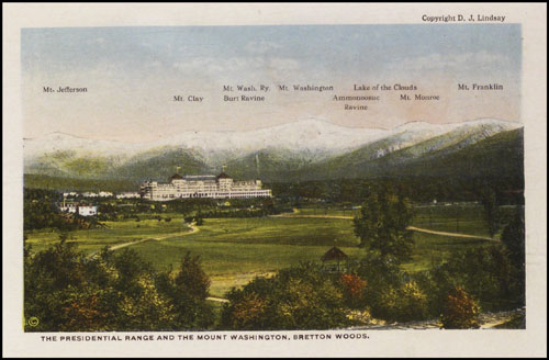 Colour souvenir postcard of the Presidential Mountain Range in the White Mountains, New Hampshire. Copyright New Hampshire Historical Society.